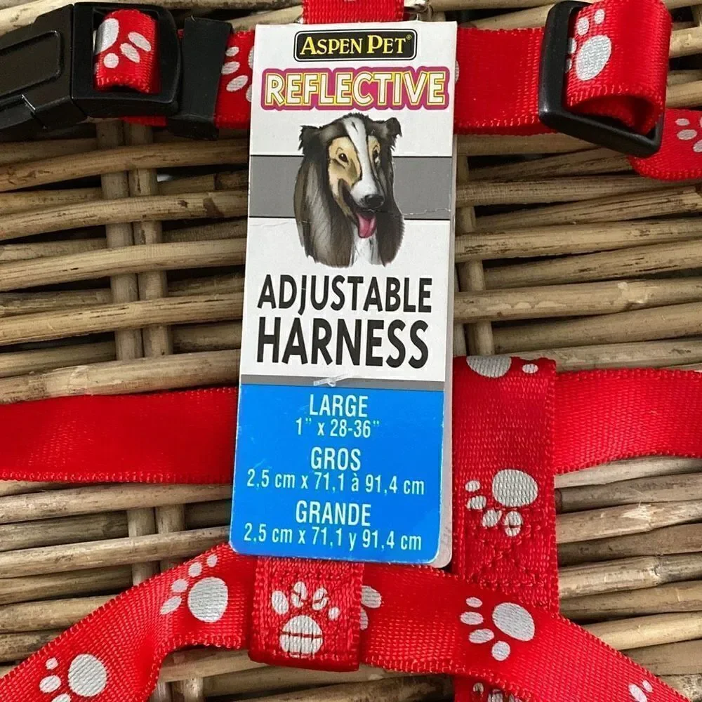 Nylon Dog Harness Reflective Adjustable Red Paws Large 1”x28-36” Aspen Pet NWT